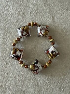 Artisan Murano Style Glass Bead Stretch Bracelet | Silver Foil Lampwork Jewelry